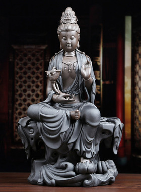 德化陶瓷持莲自在观音供奉客厅玄关风水摆设观世音菩萨佛像工艺品