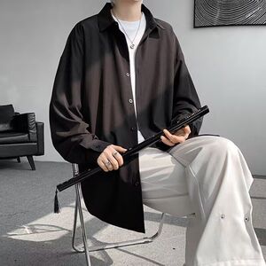 衬衣韩版潮流垂感秋季男装冰丝胖子外套宽松防晒长袖大码衬衫痞帅