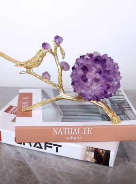 现代简约轻奢天然紫水晶喜鹊球客厅电视柜卧室书房办公室软装饰品