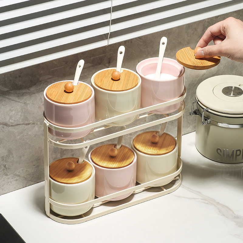 陶瓷调味罐瓶调料盒套装家用厨房双层辣椒胡椒味精鸡精盐罐收纳架