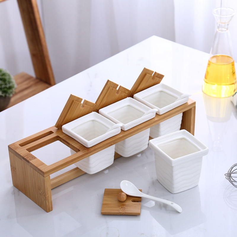 日式厨房陶瓷调味瓶调料罐四个套装调料盒家用调味罐盐罐带架子