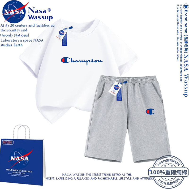 亲子装套装NASA联名男童纯棉短袖五分裤潮牌青少年班服运动服定制