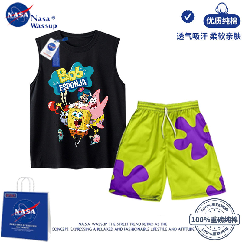 NASA联名海绵宝宝套装儿童亲子装无袖背心运动情侣沙滩裤夏季新款