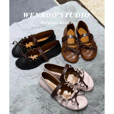 法式褶皱蝴蝶结扣带芭蕾玛丽珍鞋