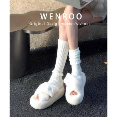 小众白色交叉羊羔毛毛鞋女外穿2025秋冬新款高级感厚底毛茸茸拖鞋