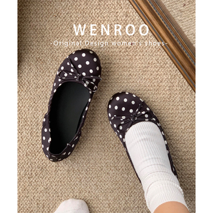 法式复古圆头蝴蝶结浅口单鞋女2025新款黑色波点软面芭蕾舞平底鞋