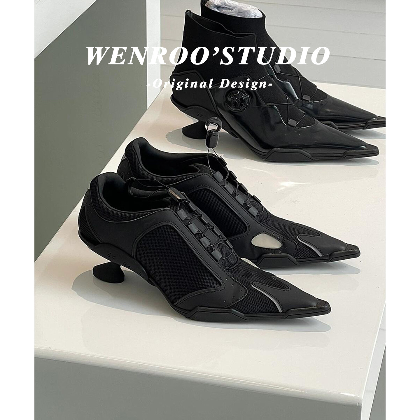 黑武士风束带尖头猫跟拳击鞋女2026春季新款复古小众深口高跟单鞋,女鞋,深口单鞋,淘宝优惠券,粉丝福利购,淘宝优惠卷