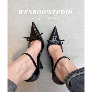 法式一字带黑色坡跟高跟鞋女2026春季新款气质复古蝴蝶结尖头单鞋