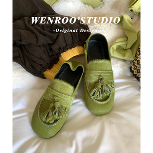 绿色小众流苏马毛平底乐福豆豆鞋女2026新款复古两穿踩脚深口单鞋
