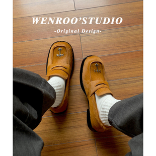 黄棕色马毛十字架厚底乐福单鞋女2026春季新款复古深口方头小皮鞋