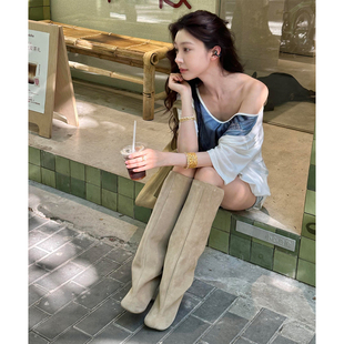 易梦玲同款！真皮粗跟直筒骑士靴女2025新款棕色圆头高跟长筒靴子