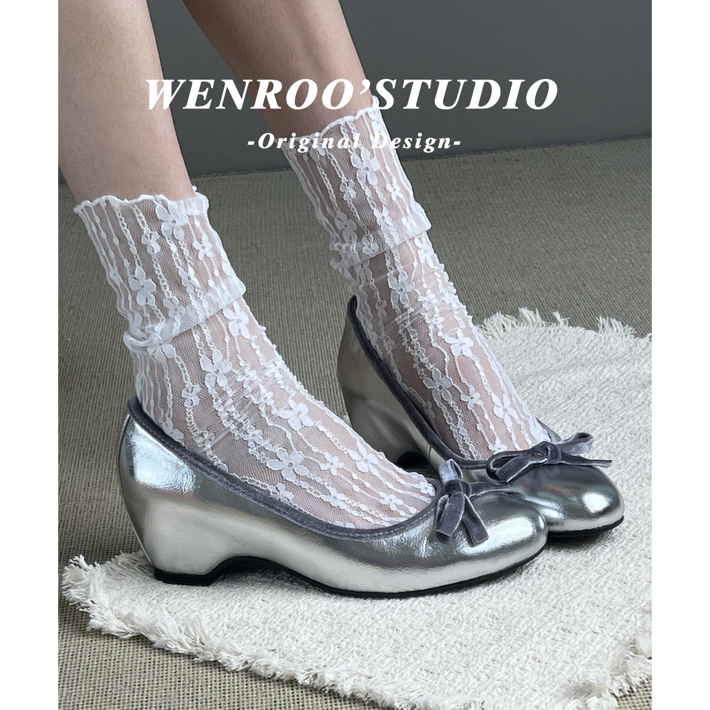 银色丝绒蝴蝶结圆头一脚蹬单鞋女