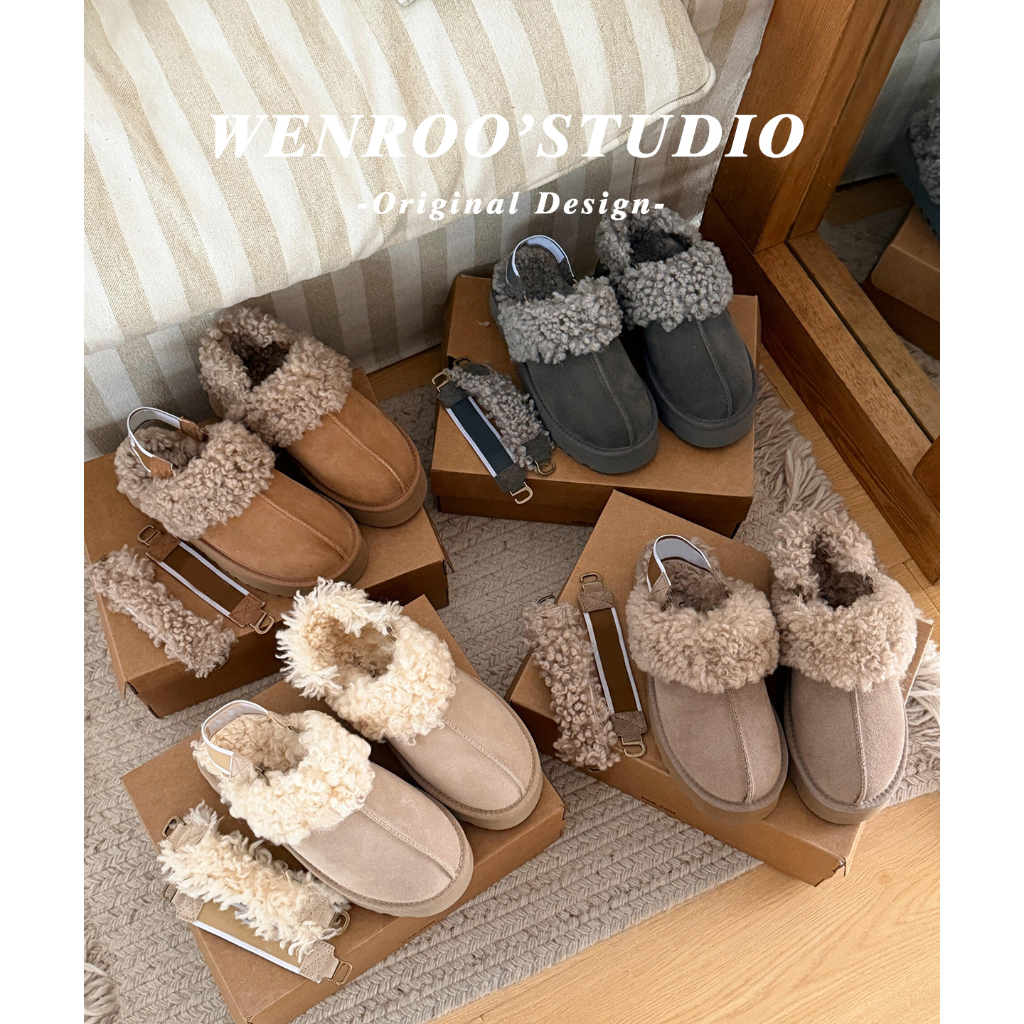 牛皮版！可拆卸后绊带包头毛毛鞋