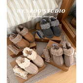 女外穿冬季 牛皮版 可拆卸后绊带包头毛毛鞋 复古真皮加绒雪地棉拖