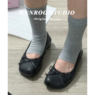 复古黑色蝴蝶结苹果头单鞋女新款