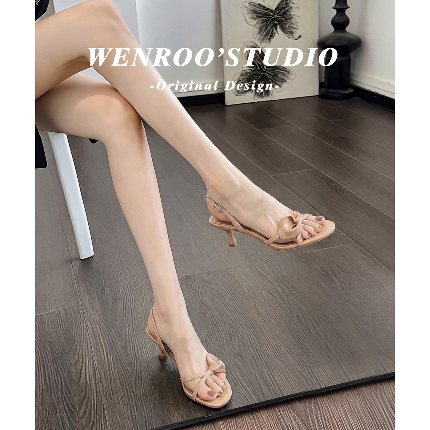 法式裸粉色马莲蹄后绊带凉鞋女夏