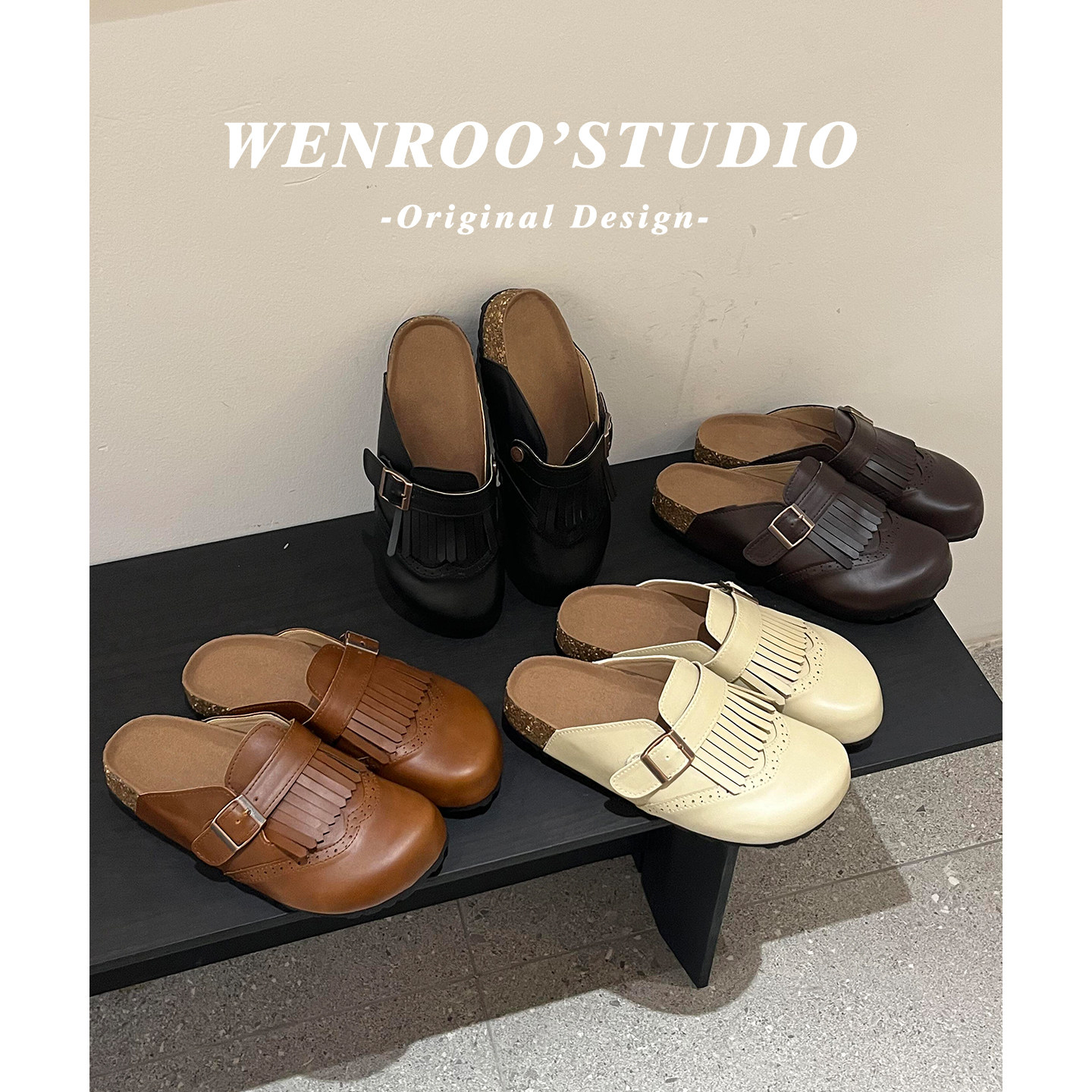 真皮雕花流苏厚底勃肯鞋女2026春季新款复古棕色一脚蹬包头半拖鞋