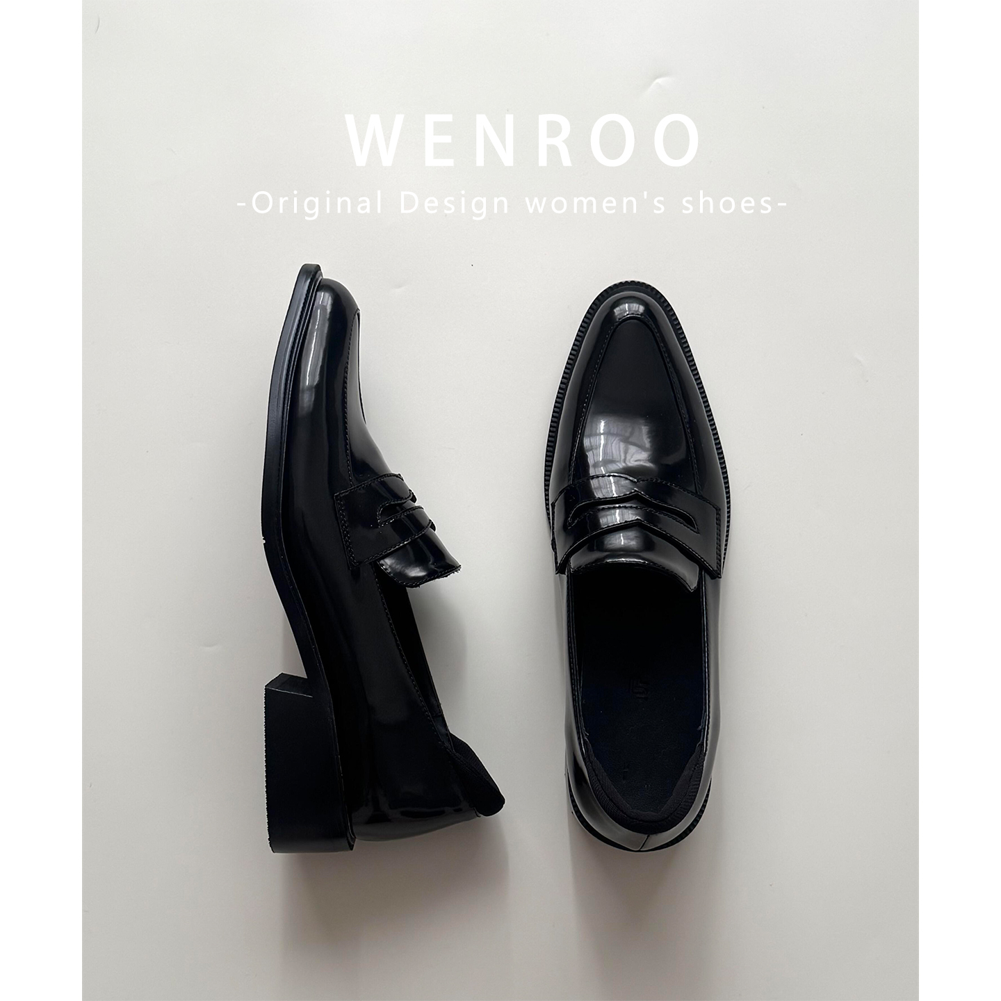 黑色英伦风漆皮乐福小皮鞋女2025秋季新款一脚蹬复古粗跟深口单鞋