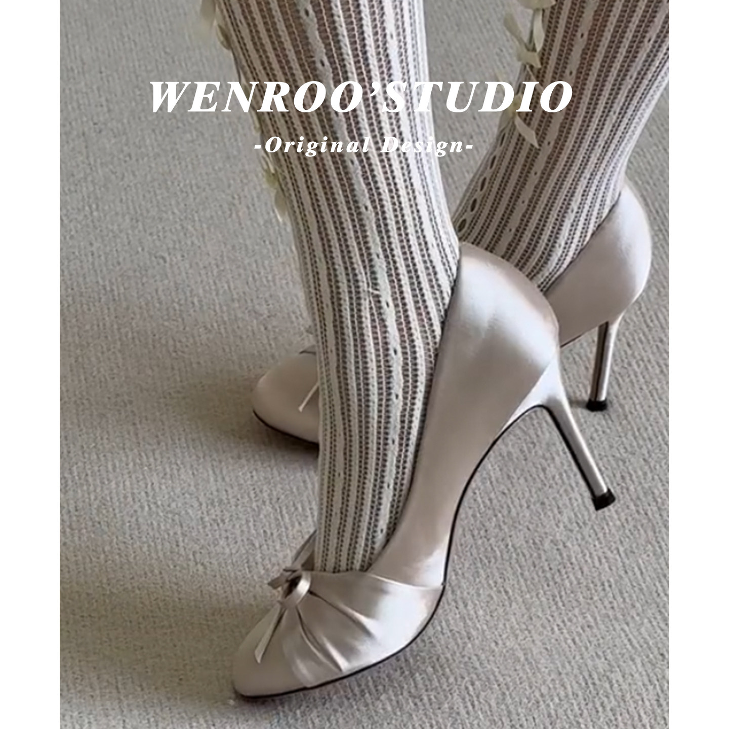 法式褶皱蝴蝶结圆头浅口高跟鞋女2026春季新款气质配裙子细跟单鞋