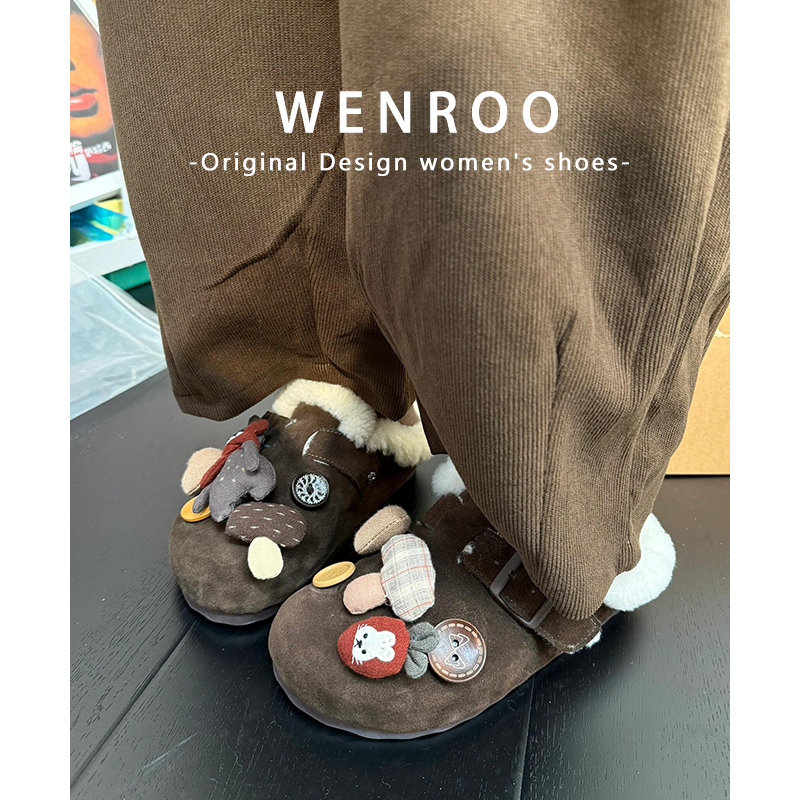 棕色卡通公仔厚底加绒勃肯鞋半拖