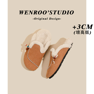 牛皮版！复古真皮加绒厚底包头拖鞋女2025秋冬新款保暖勃肯毛毛鞋