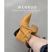 小众尖头系带异型高跟靴女2025秋冬新款 复古英伦马丁靴短筒大黄靴