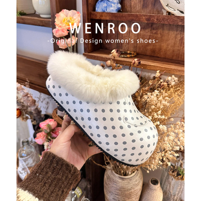 白色波点刺绣笑脸毛毛包头半拖女