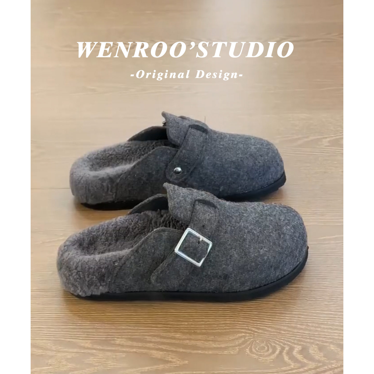 灰色毛呢厚底加绒勃肯鞋秋冬外穿