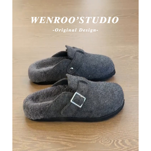 灰色毛呢厚底加绒勃肯鞋女外穿2026秋冬新款复古保暖毛毛包头棉拖