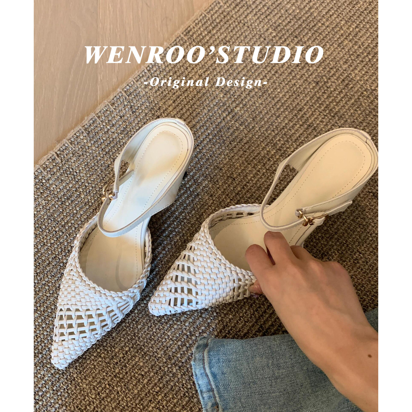 法式编织镂空一字带高跟凉鞋女细跟2026夏季新款白色绝美尖头拖鞋