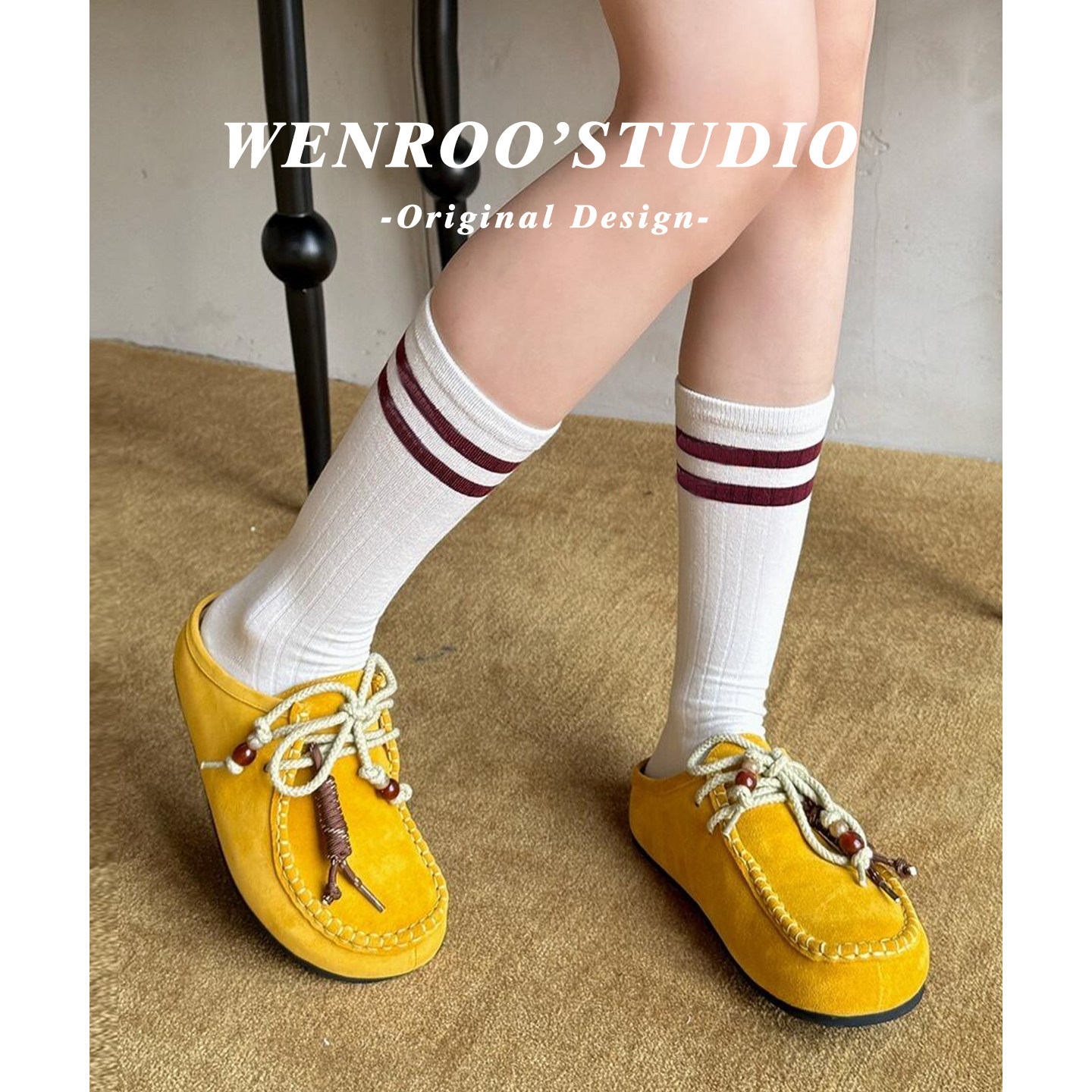 黄色复古厚底袋鼠勃肯鞋女春外穿2026新款真皮一脚蹬系带包头半拖