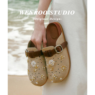 一脚蹬真皮勃肯鞋 复古水钻花扣带厚底包头半拖女外穿2026春季 新款