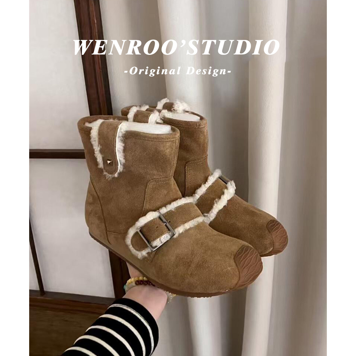 美拉德真皮扣带内增高加绒西部靴