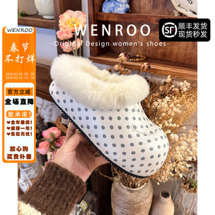 白色波点刺绣笑脸毛毛包头半拖女外穿2025冬季新款厚底加绒勃肯鞋