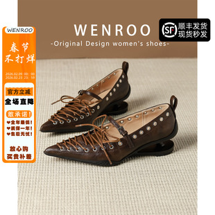 小众复古尖头系带悬浮跟单鞋女2026春季新款棕色浅口不累脚高跟鞋