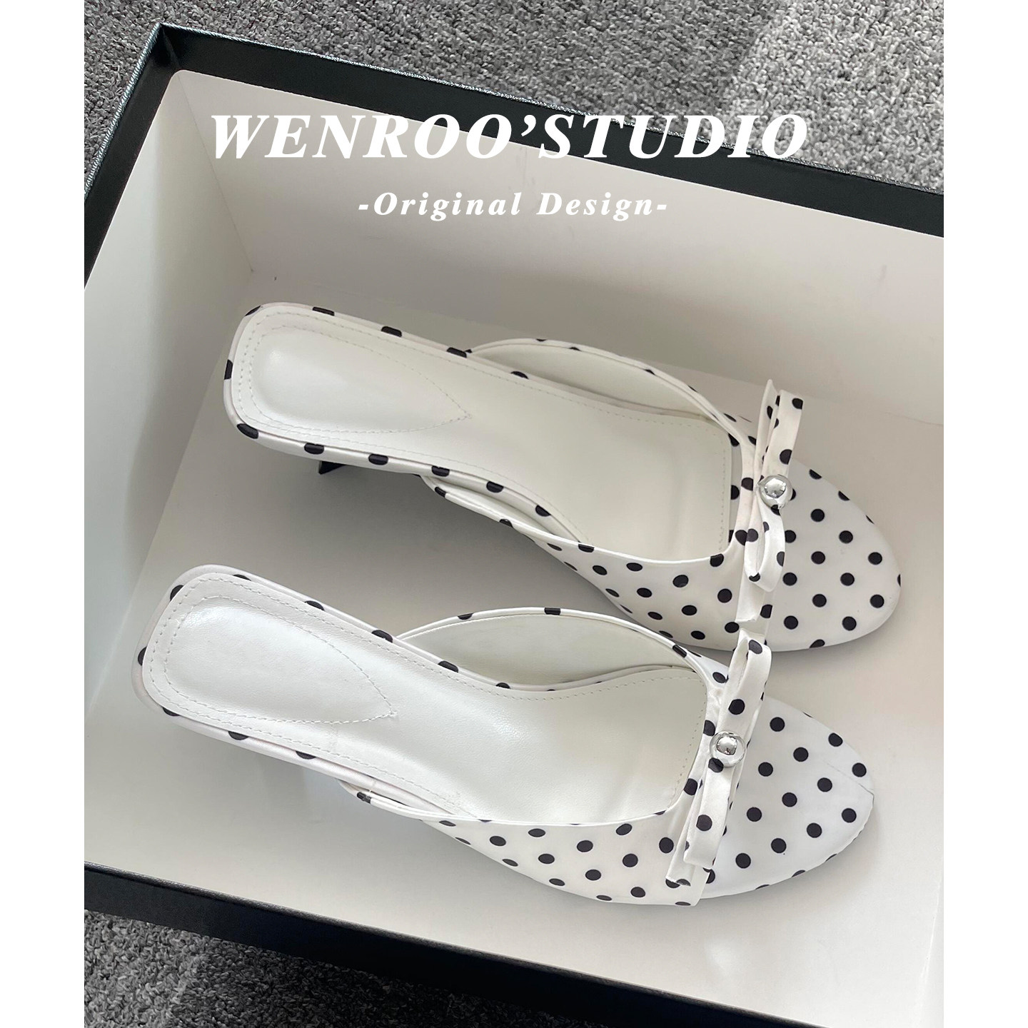 白色波点甜美低跟凉鞋女外穿2026夏季新款绝美气质一脚蹬高跟凉拖