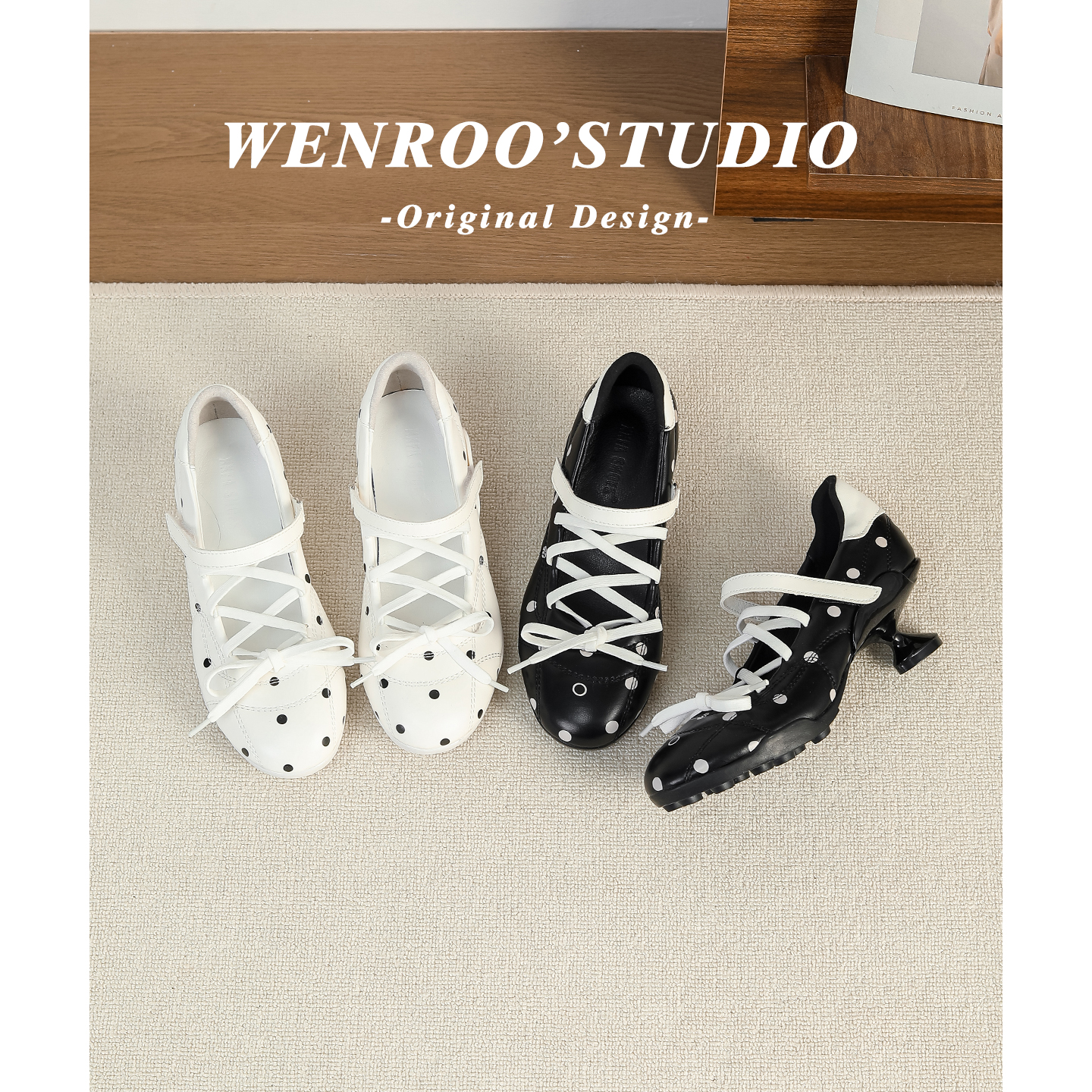 法式波点浅口魔术贴圆头玛丽珍鞋