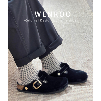 复古黑色金扣厚底勃肯鞋女秋外穿