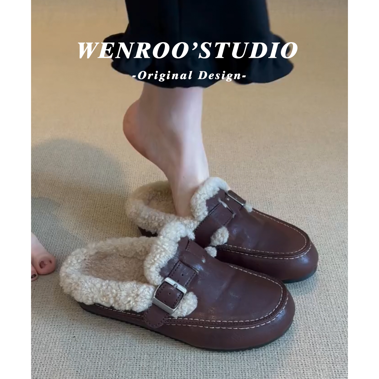 复古咖色皮面加绒勃肯鞋女冬外穿