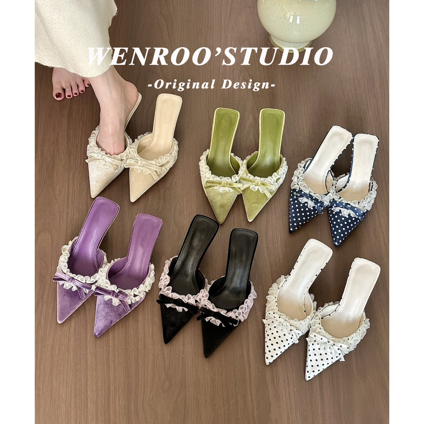 2026夏季新款尖头蕾丝蝴蝶结细跟凉鞋女仙女风不累脚高跟包头拖鞋