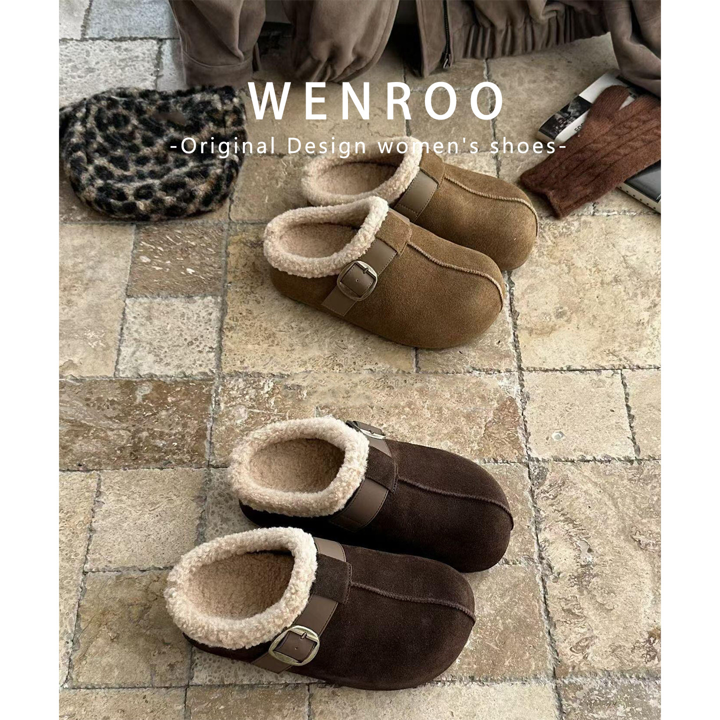 复古真皮扣带厚底勃肯棉鞋女外穿2026秋冬新款加绒毛毛包头半拖鞋