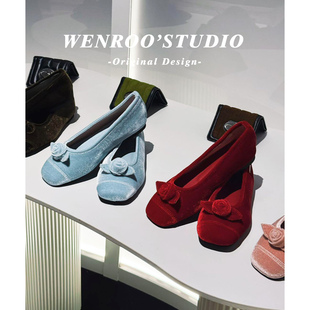 法式气质玫瑰红色圆头单鞋女春2026新款绝美丝绒一脚蹬浅口平底鞋