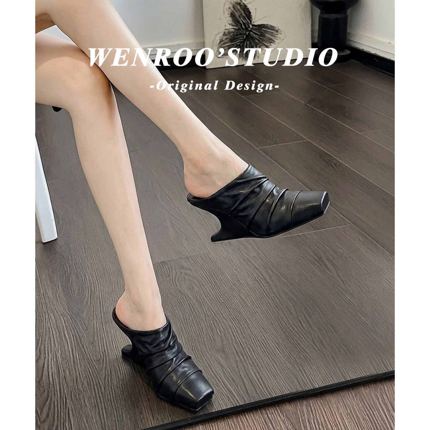 小众设计方头鱼嘴坡跟凉鞋女夏外穿2026新款黑色复古褶皱高跟拖鞋