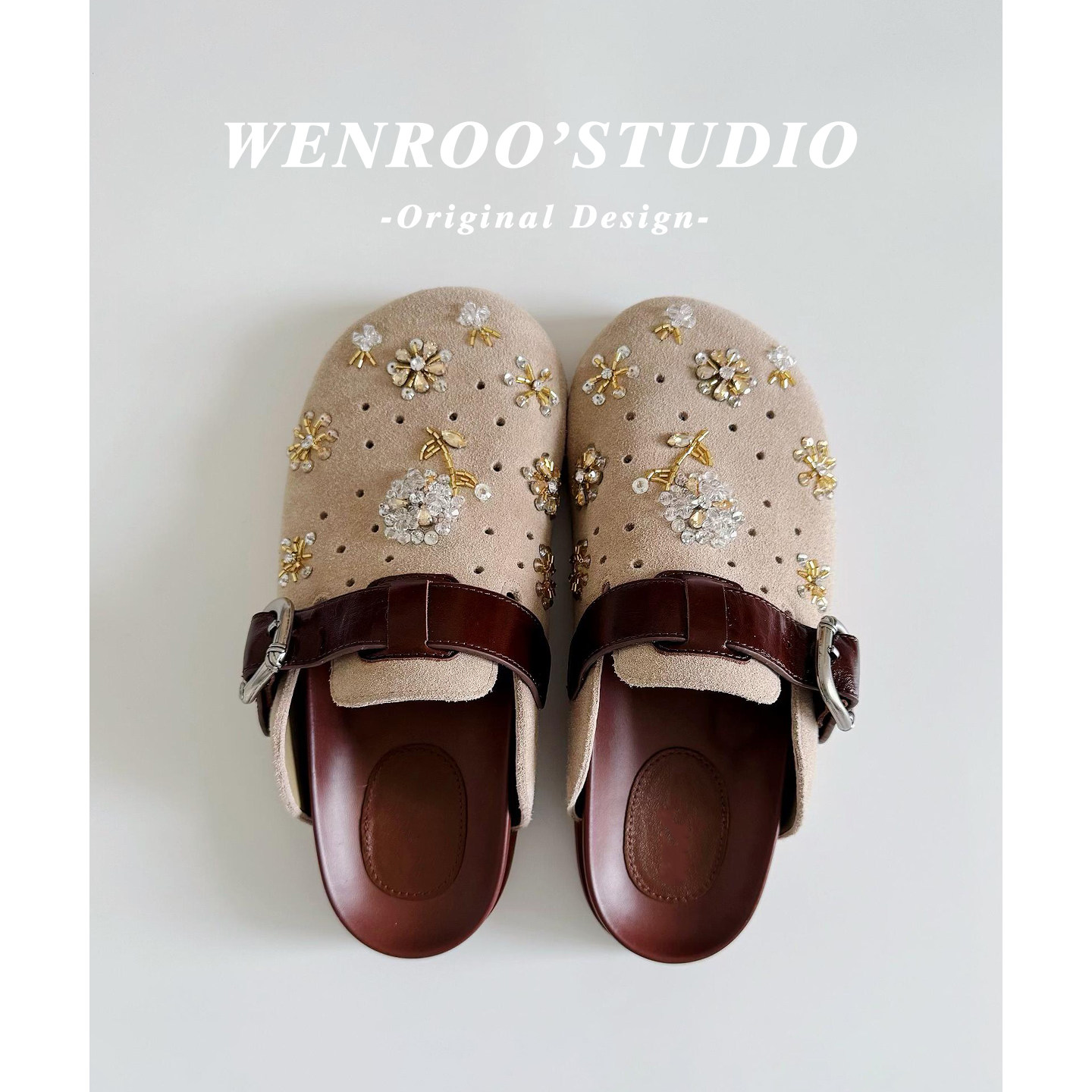 复古水钻钉花扣带懒人包头半拖鞋女夏外穿2026新款镂空厚底勃肯鞋