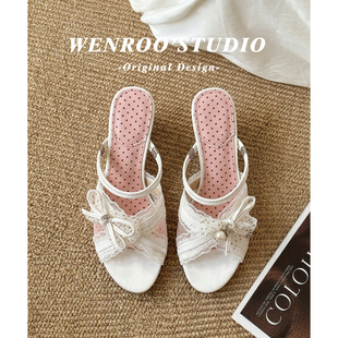外穿白色配裙子蕾丝高跟拖鞋 甜美风蝴蝶结两穿爱心坡跟凉鞋 女夏季
