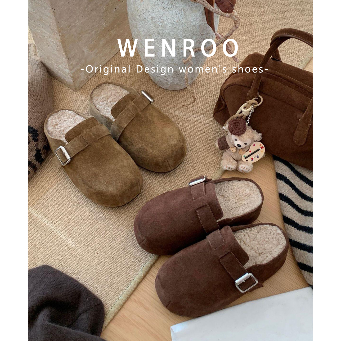 棕色真皮加绒厚底勃肯鞋女外穿