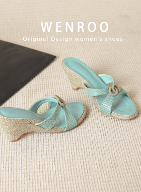 法式圆扣交叉带编织坡跟凉拖鞋女2026夏季新款复古露趾圆头高跟鞋