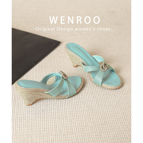 法式裂纹交叉带编织坡跟凉鞋女夏