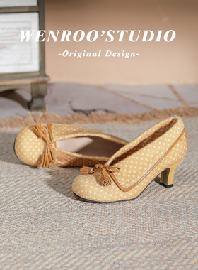 复古波点设计感翻领蝴蝶结圆头高跟鞋女2026新款法式浅口粗跟单鞋
