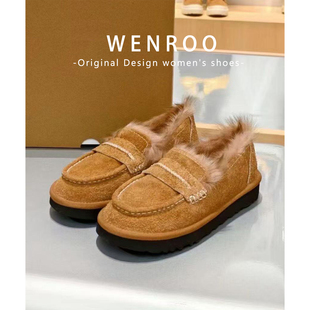牛皮版！棕色英伦厚底加绒厚底豆豆鞋女2025冬季新款复古毛毛单鞋